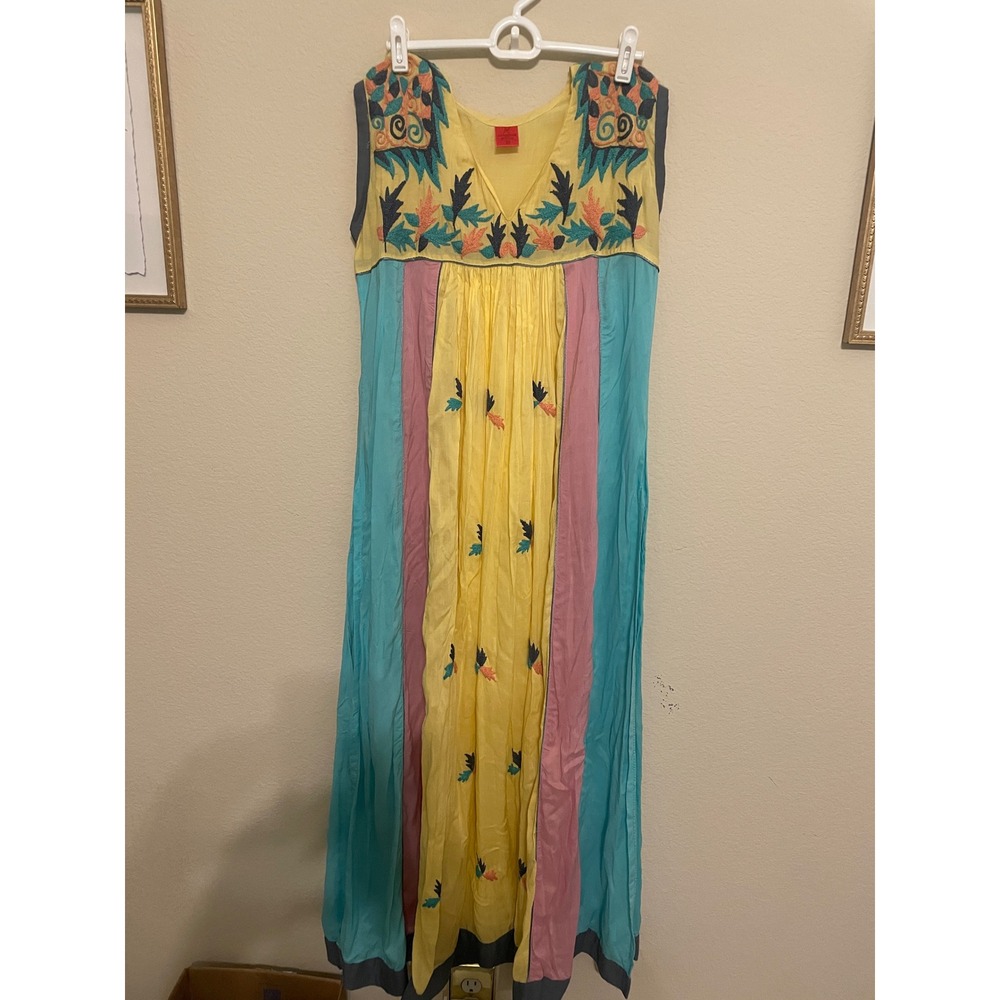 Vintage Cotton Embroidery Color Block Hippie Festival Boho Dress - Picture 1 of 9